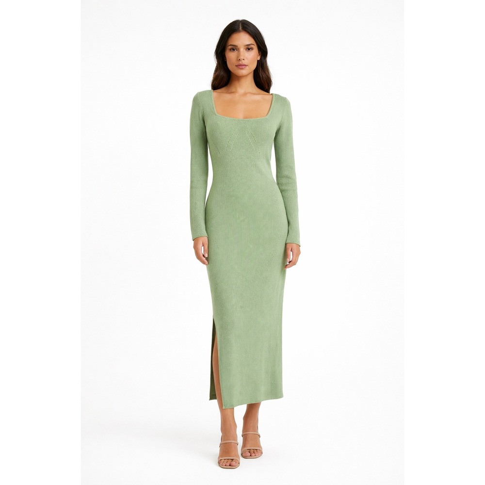 NA-KD Scoop Neck Midi Slit Dress Green Ribbed Knit Long Sleeve Size S